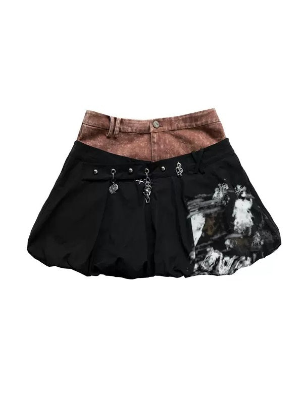 Fake Two-piece Stitching Printed Bud Puffy Skirt