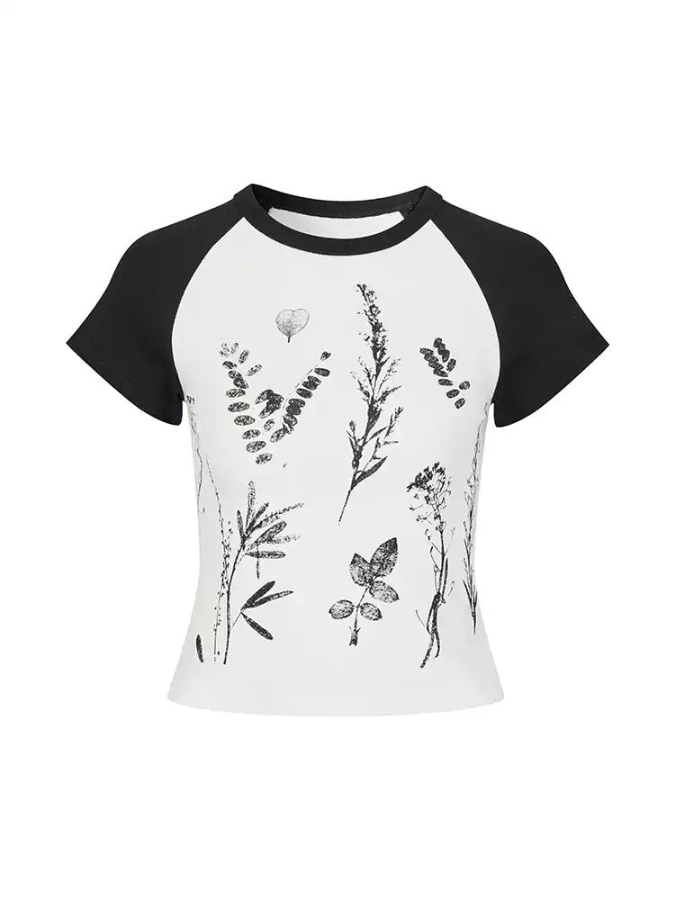 Plant Print Floral Raglan Sleeve T-shirt