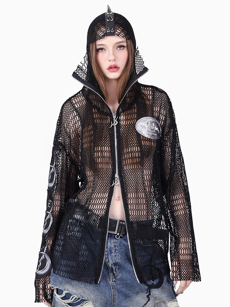 Rivet Punk Hooded Mesh Patch Embroidered Jacket