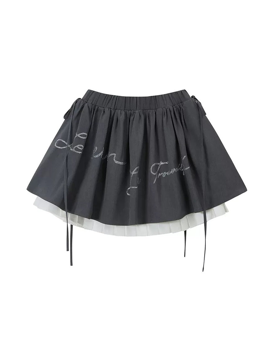 Strap Design Rhinestone Layered Gather Skirt