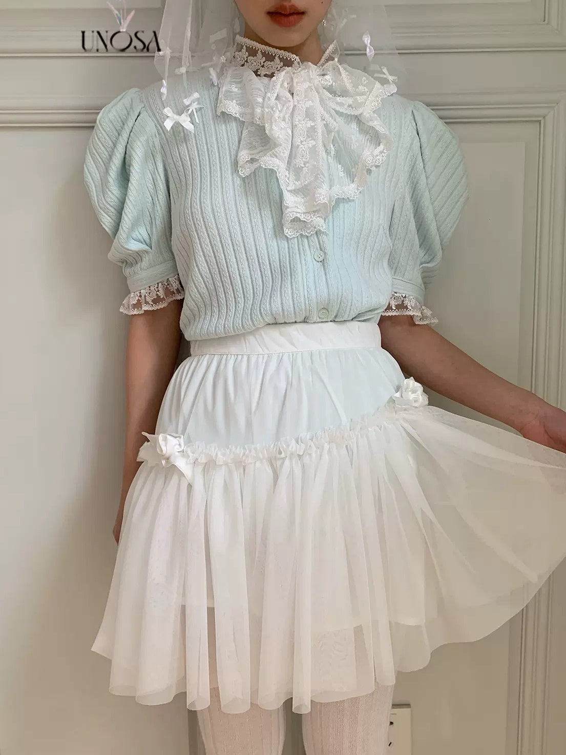 Knitted Short-sleeved Lace Spliced Diagonal Placket Ruffled Shirt