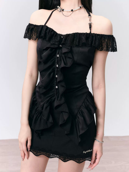 Ruffle Lace Halter Neck Off-Shoulder Shirt