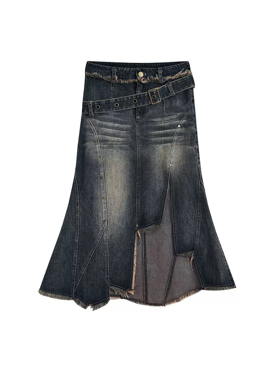 Distressed Irregular Mermaid Denim Skirt