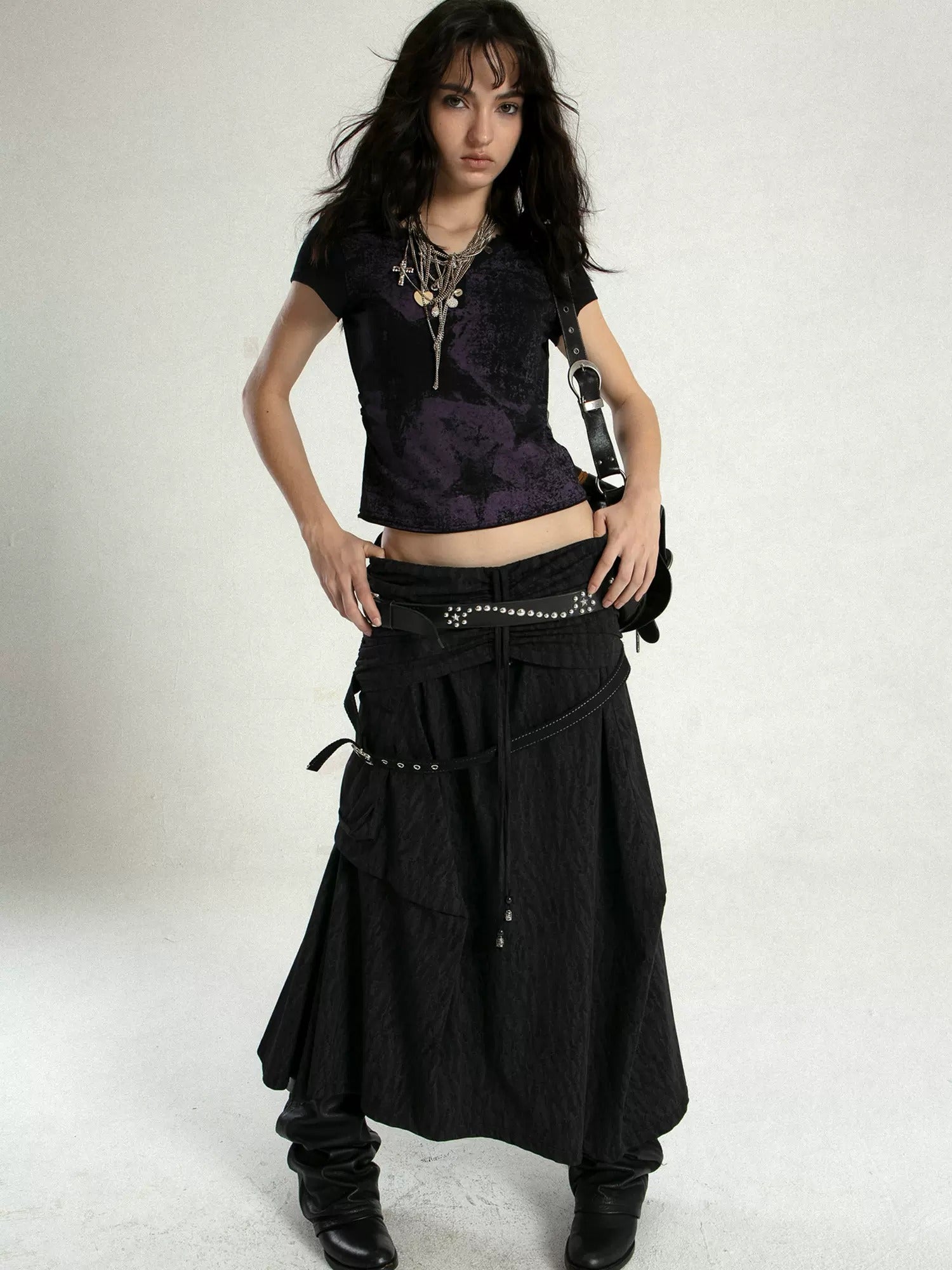 Tribal Style Irregular Segmentation Pleated Long Skirt