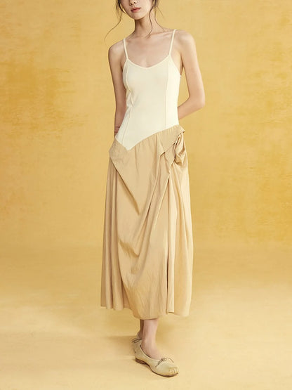 Draped Suspender Long Splicing Dress