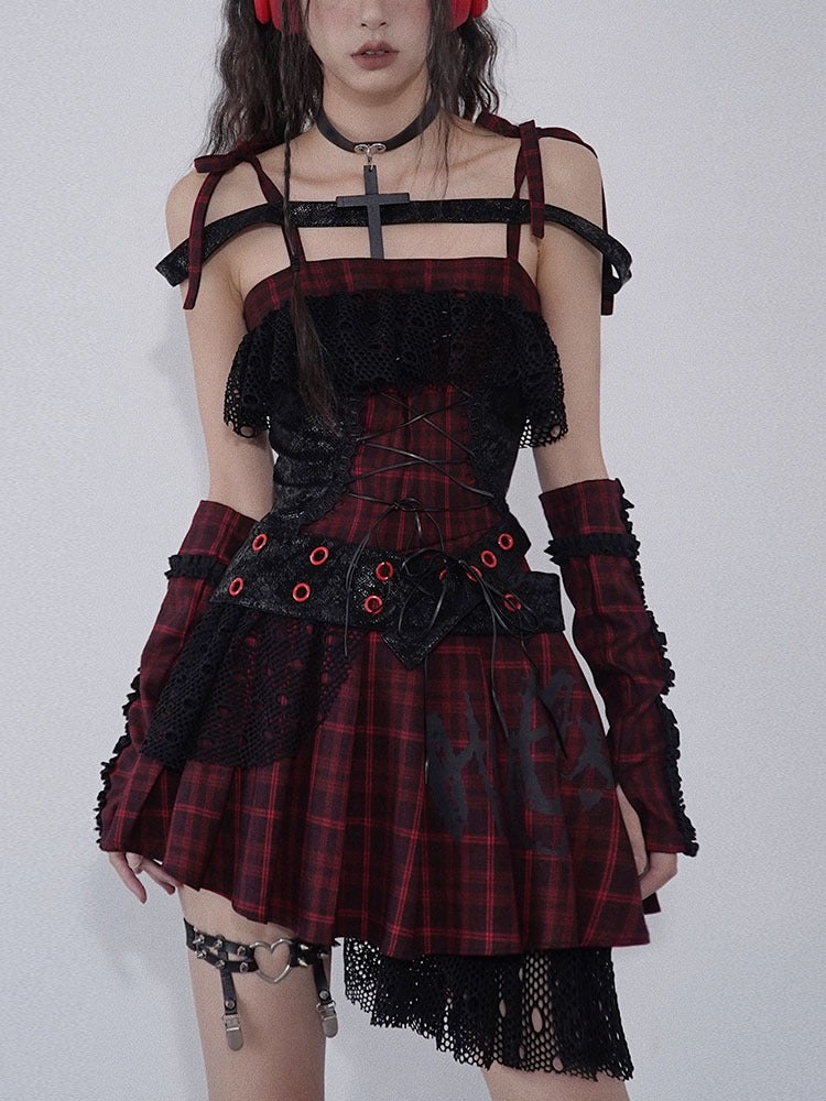 Niche Rock Suspender Plaid Dress