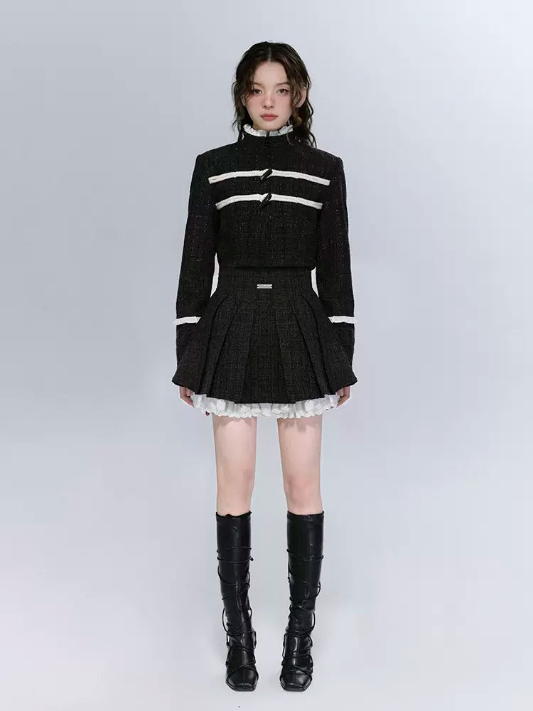 Tweed Stand-Collar Cropped Jacket ＆ Lace Stitch Short Pleated Skirt