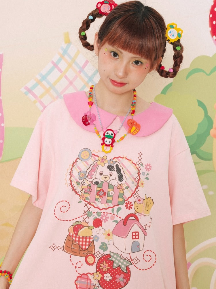 Doll Collar Printed Short-sleeved T-shirt One-piece