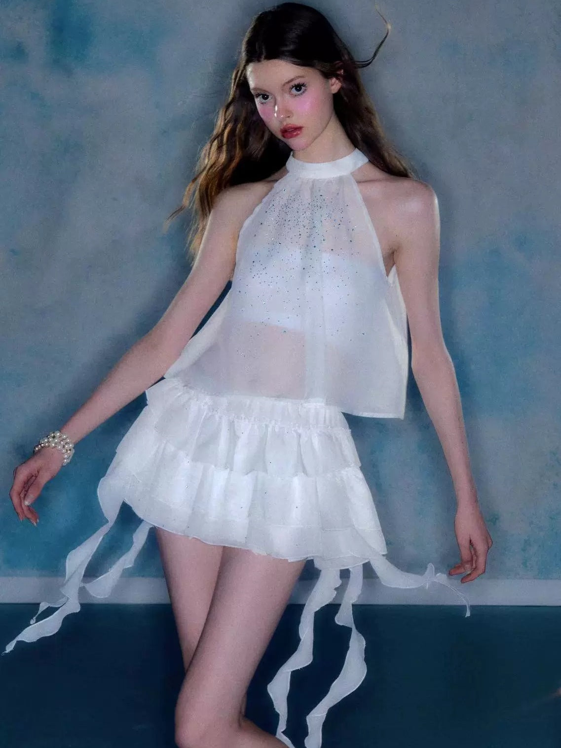 Starry Transparent American Sleeve Top &amp; Ruffle Cake Short Skirt