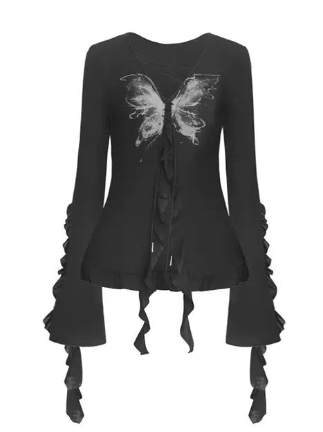 Butterfly Printed Lace-Up Ruffled Knitted Cardigan