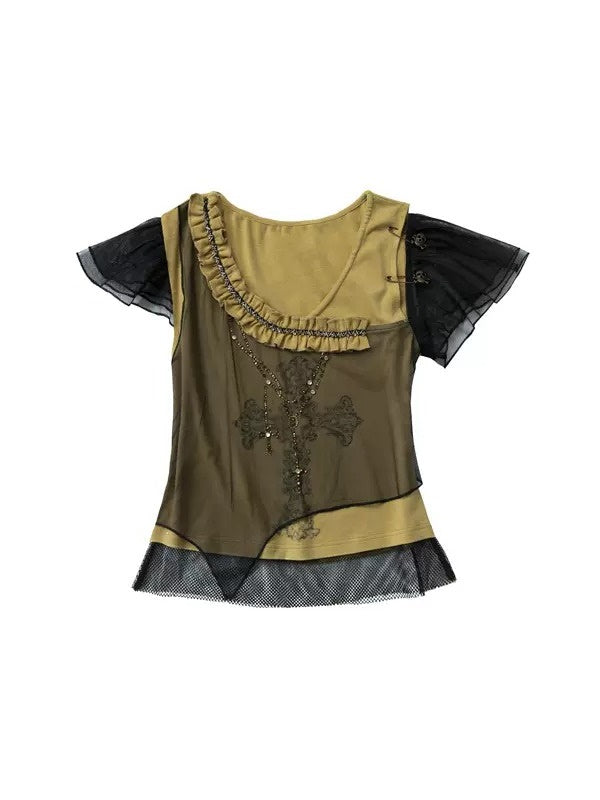 Asymmetric Splicing Mesh Hot Diamond Print T-shirt