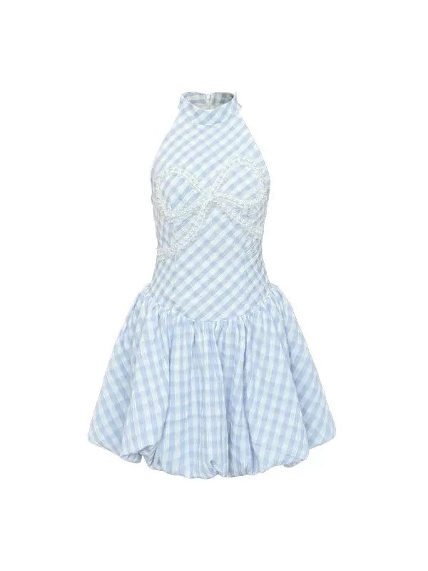 Check Pearl Bow American Sleeve Bud Dress