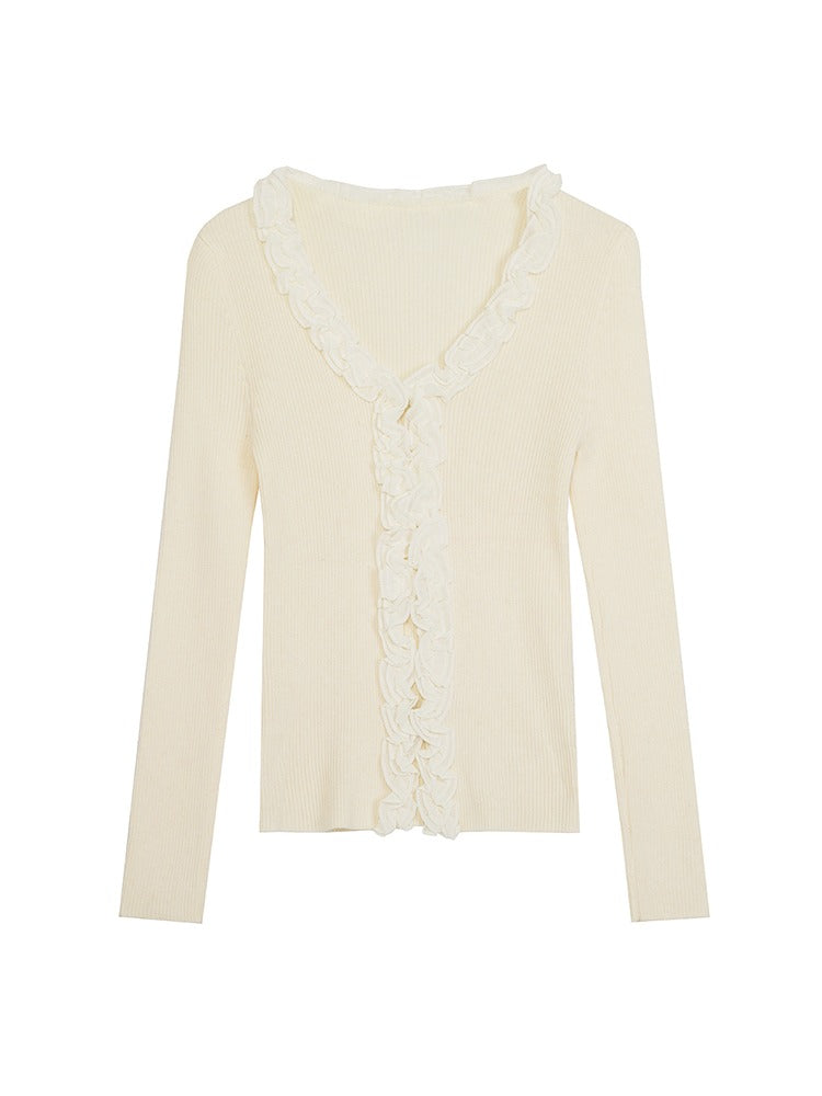 Lace Design Niche Low Round Neck Knitted Cardigan