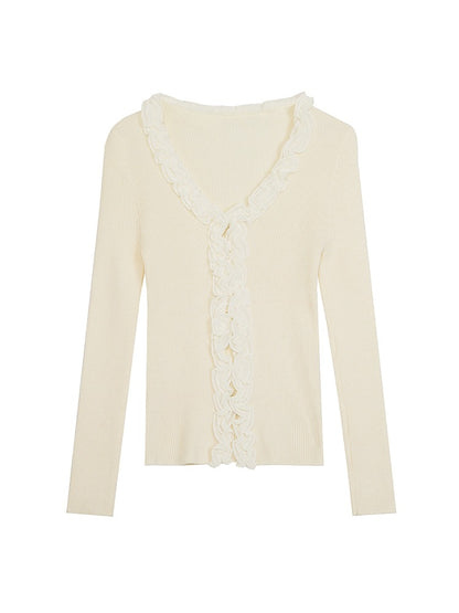 Lace Design Niche Low Round Neck Knitted Cardigan