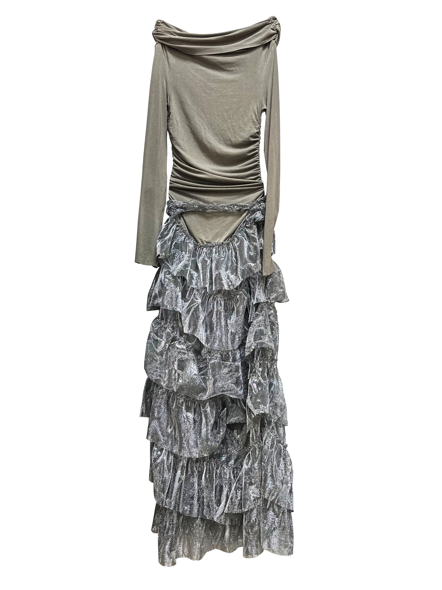 Off-Shoulder Patchwork Metallic Silber Ruffen gekräuseltes Maxikleid