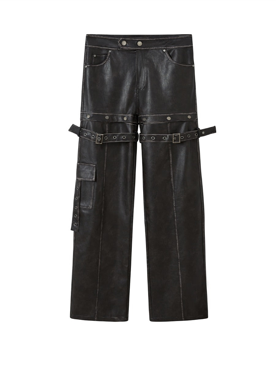 Button Deconstructed Leather Straight Trousers