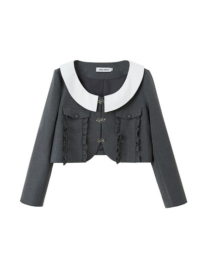 Round Lapel Pocket Lace Short Jacket