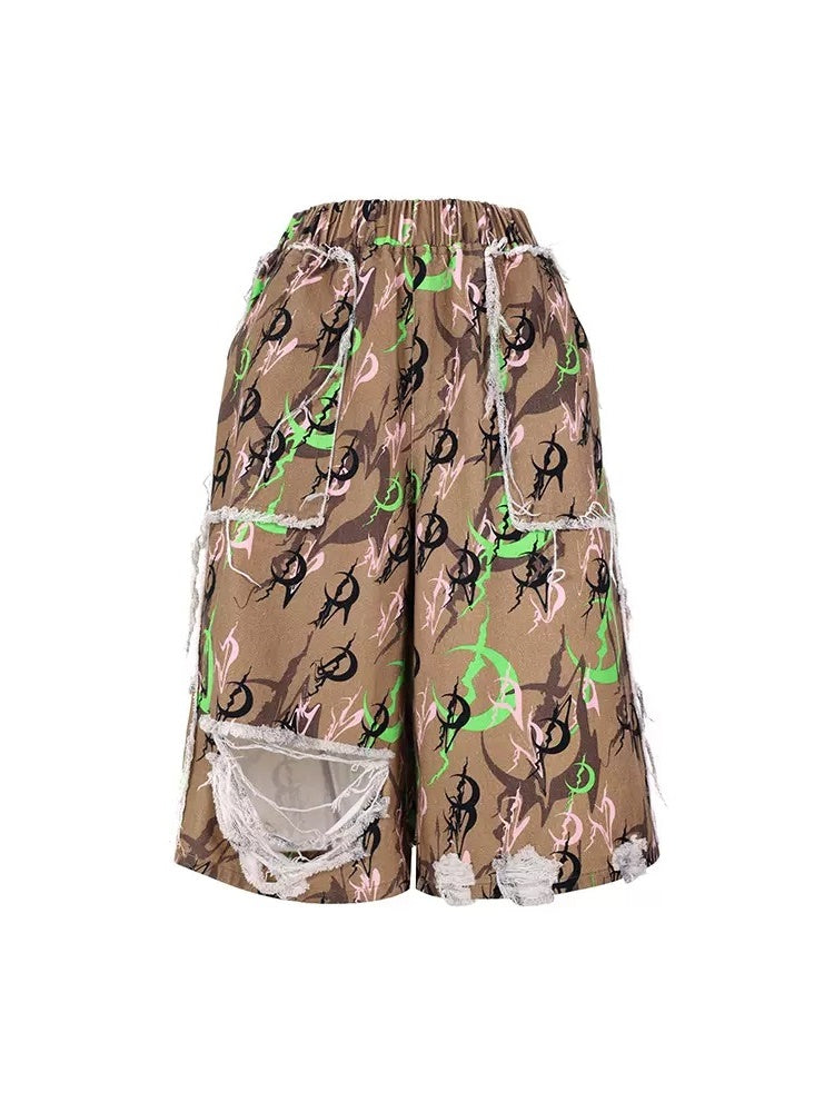 Camouflage Destruction Baggy Loose Cropped Pants