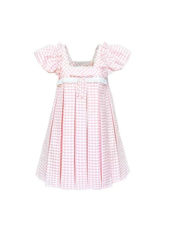 Plaid Bow Lace Square Collar Babydoll Dress