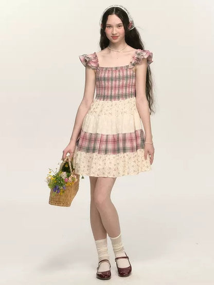 Retro Plaid Floral Lace Patchwork Small Flying Sleeves Dress