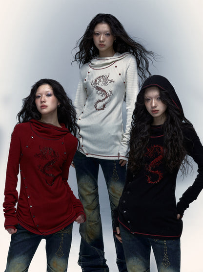 Rhinestone Hooded Slim Stretch T-shirt