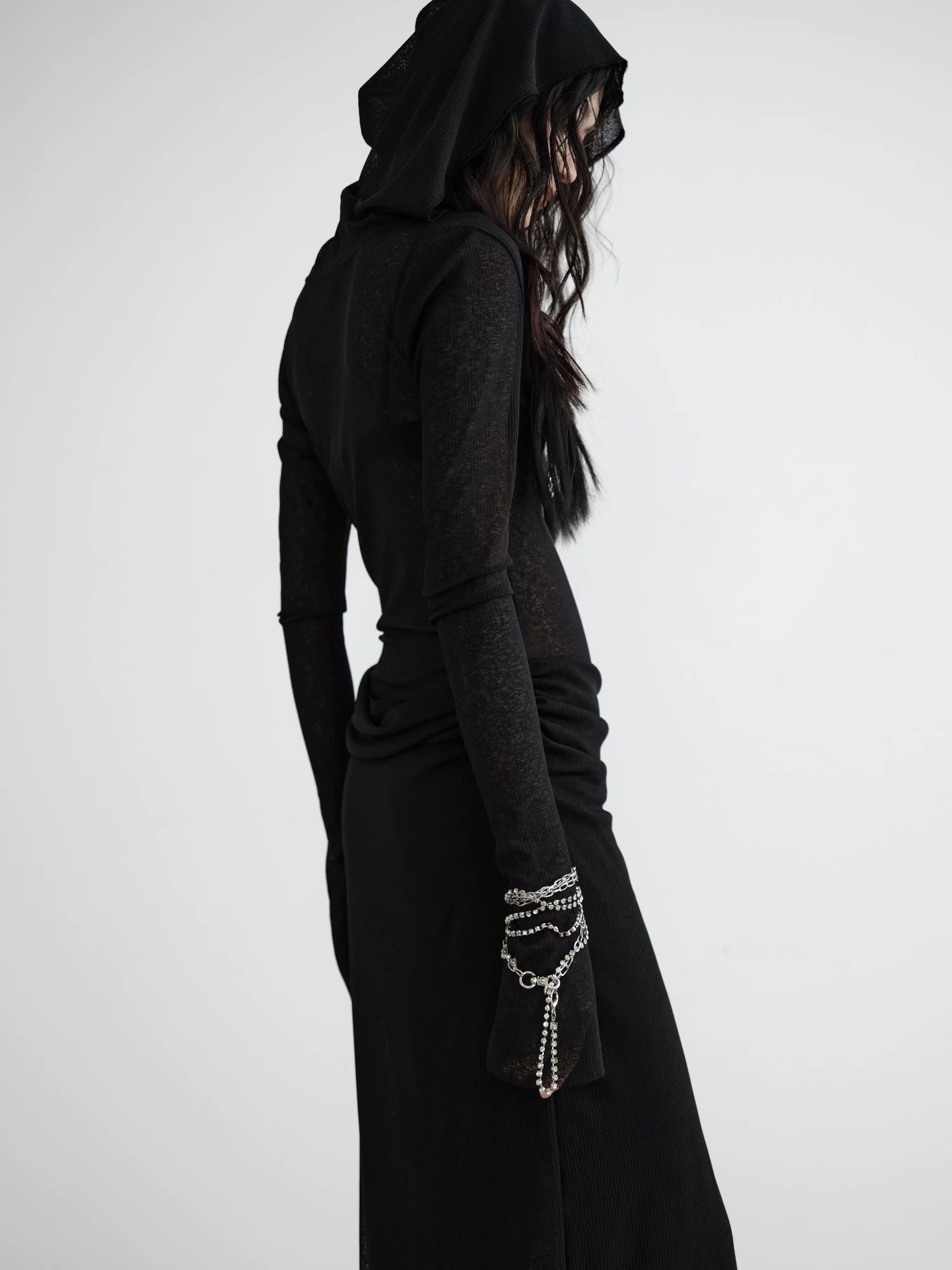 Semi-transparent Knitted Fake Two-piece Layered Hooded Dress