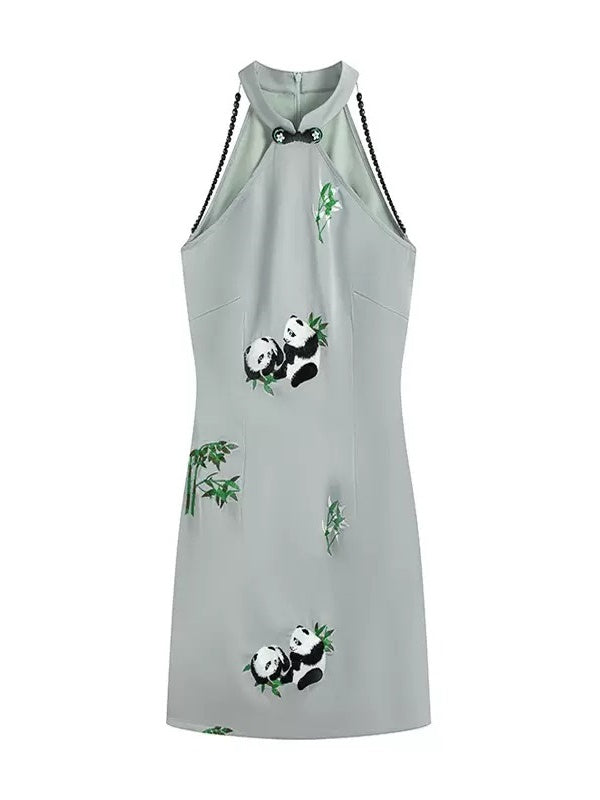 Chinese Style Panda Embroidery Slim American Sleeve Dress