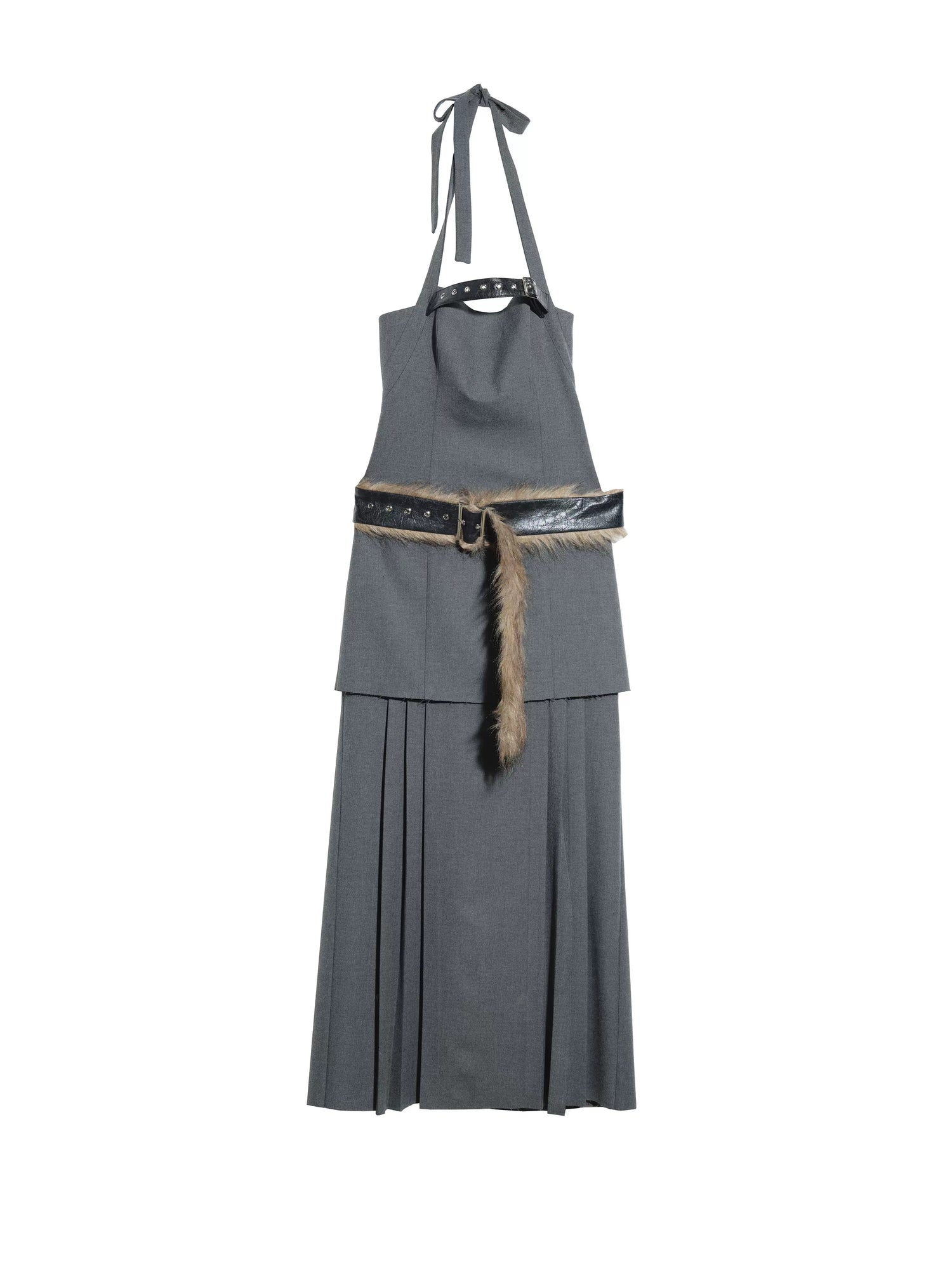 Fur Splicing Belt Low Waist Halter Neck Pleated Slit Dress