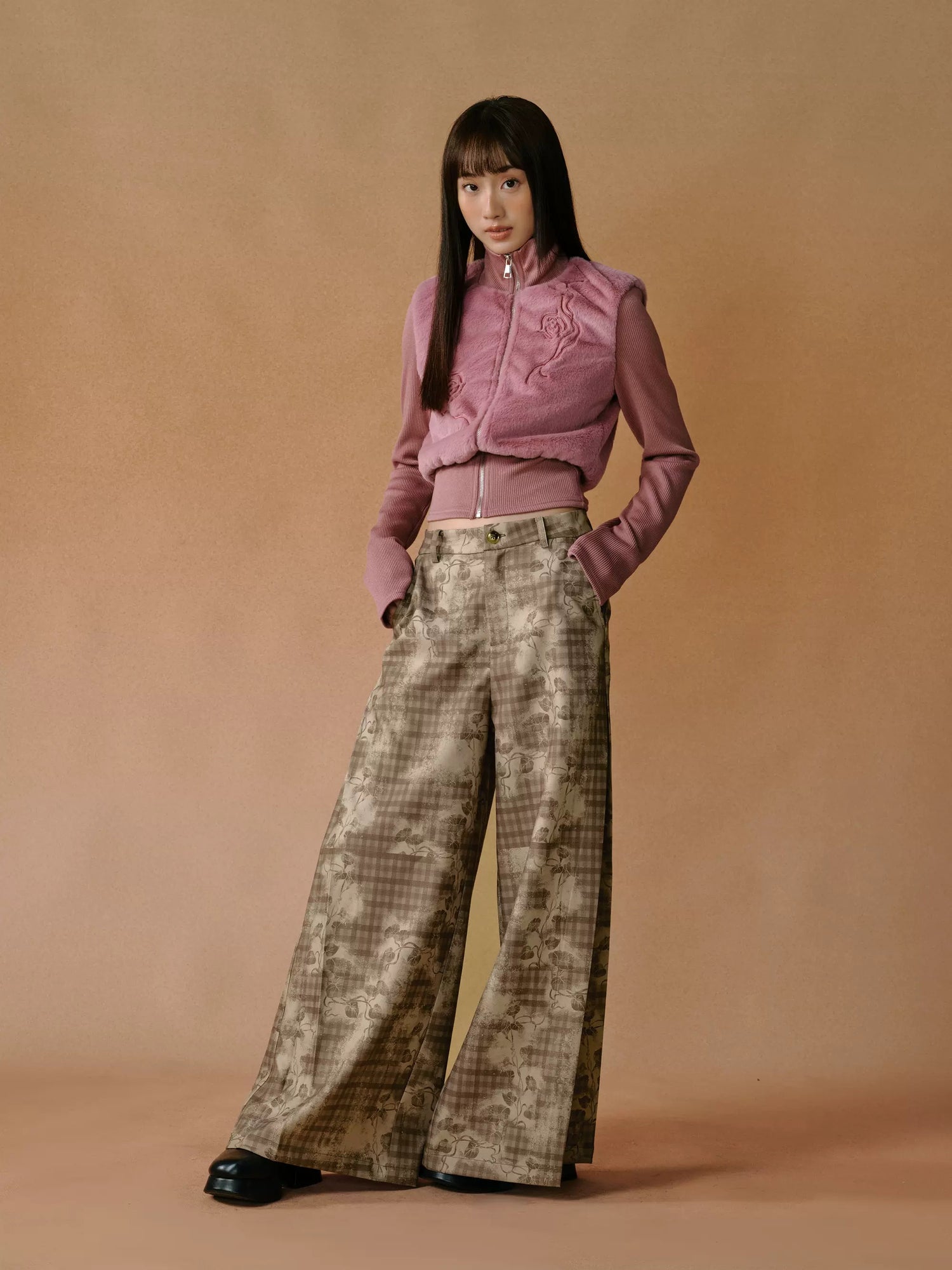 Retro Hand-painted Smudged Plaid Wide-leg Pants