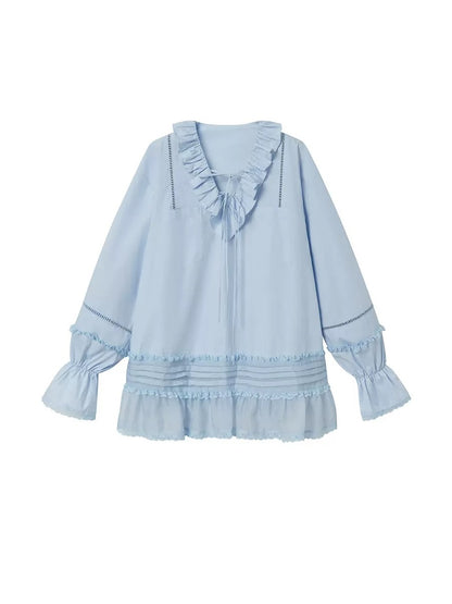 Girly Ruffled V-neck Lace Patchwork Shirt