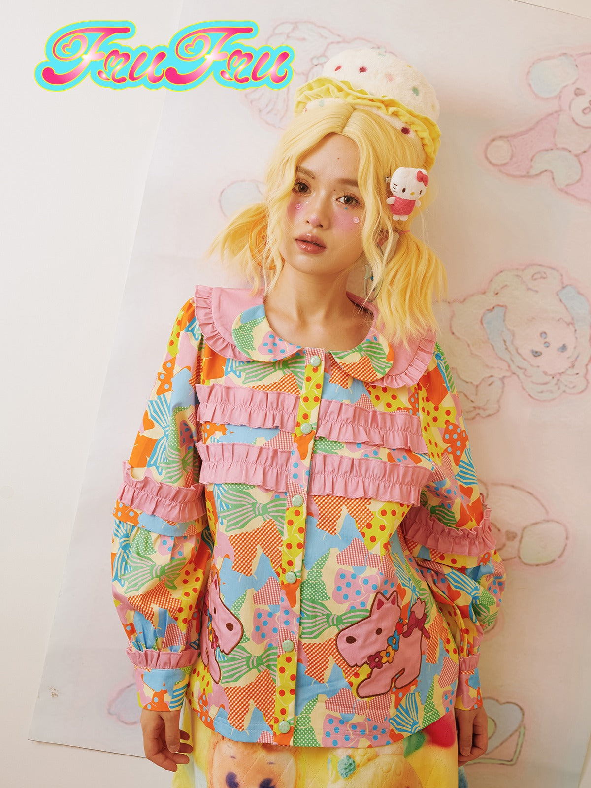 Cartoon Print Doll Collar Frill Shirt