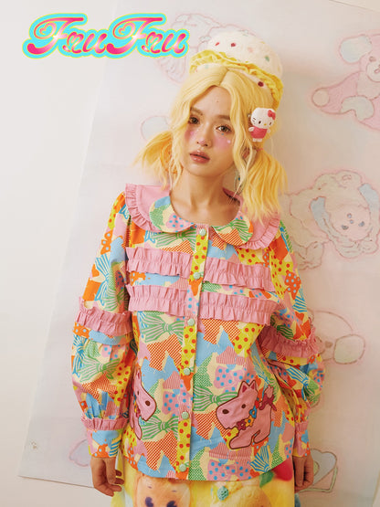 Carton Print Doll Collar Frill Shirt