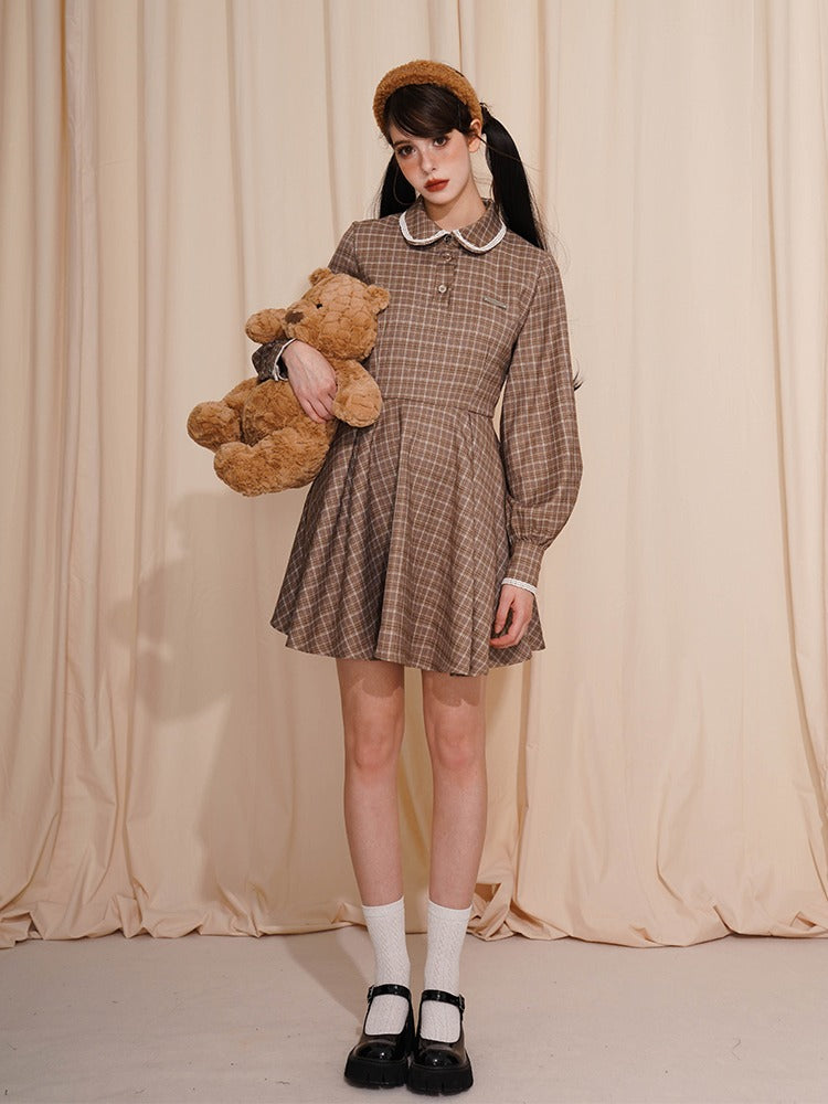 Plaid Polo Collar Lace Retro Doll One-piece