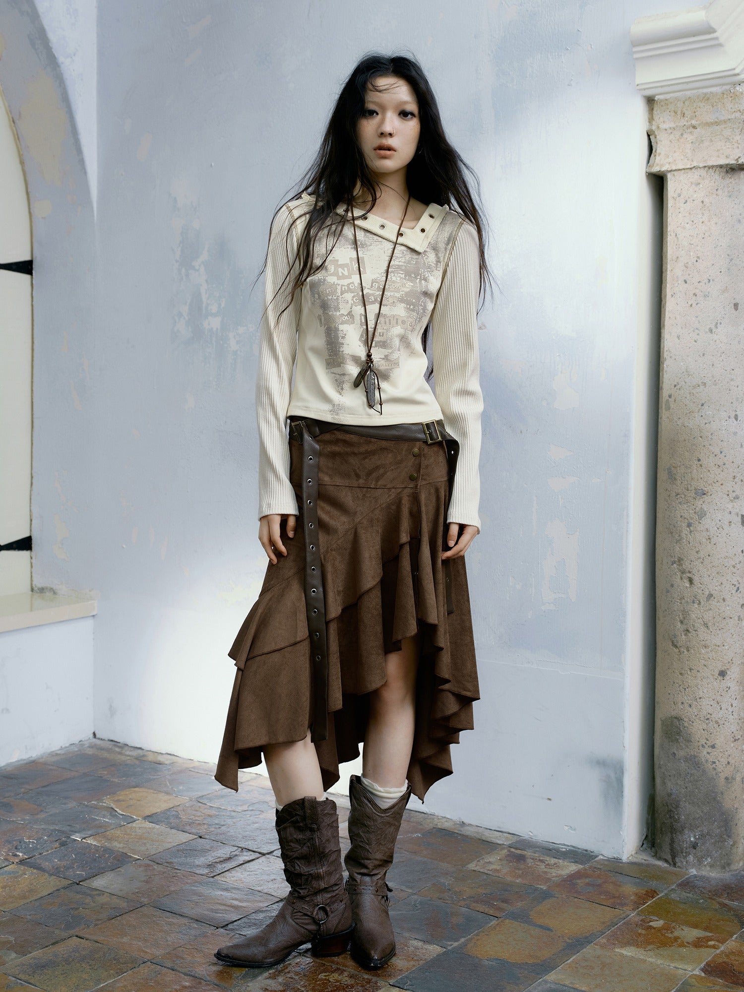 Irregular Belt Suede Texture Skirt