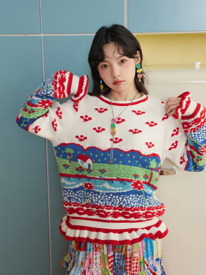 Retro Ruffle Border Knitted Sweater