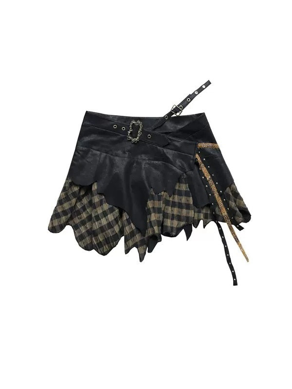 Plaid PU Irregular Patchwork Skirt