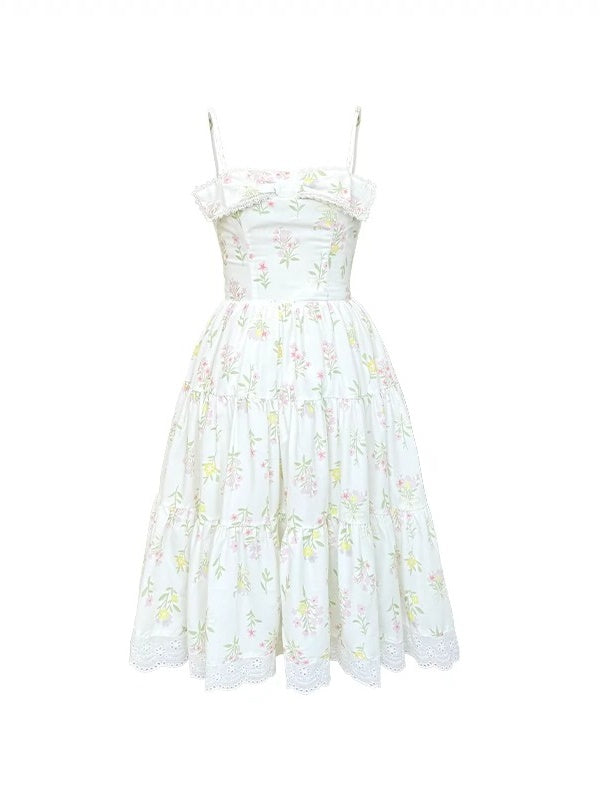 Floral Lace Bow Suspender Tiered Dress