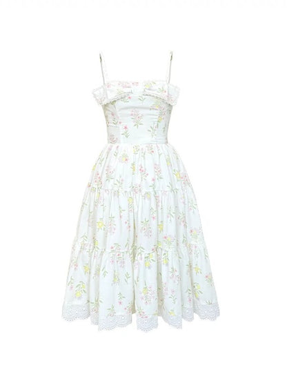 Floral Lace Bow Suspender Tiered Dress