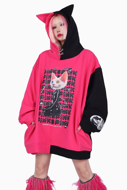 Cat Ear Impact Print Hooded Loose Pullover