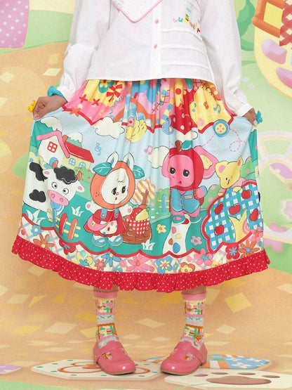 Cartoon Printed Splicing Lace Gather Skirt