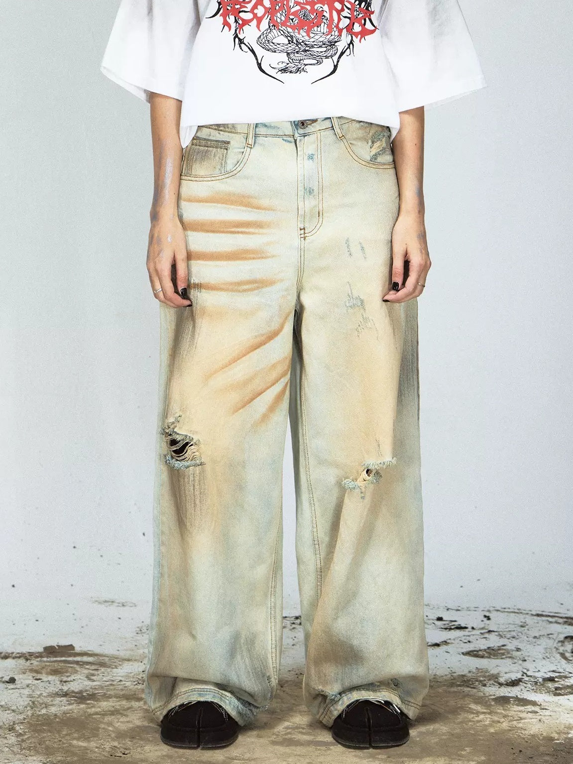 Yellow Mud-dyed Washed Distressed Straight Jeans