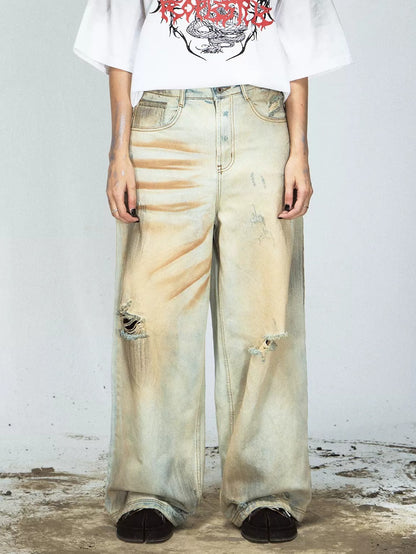 Yellow Mud-dyed Washed Distressed Straight Jeans