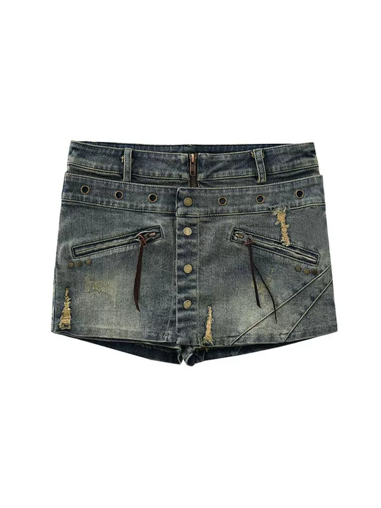 Retro Distressed Washed Denim Short Culottes Skirt