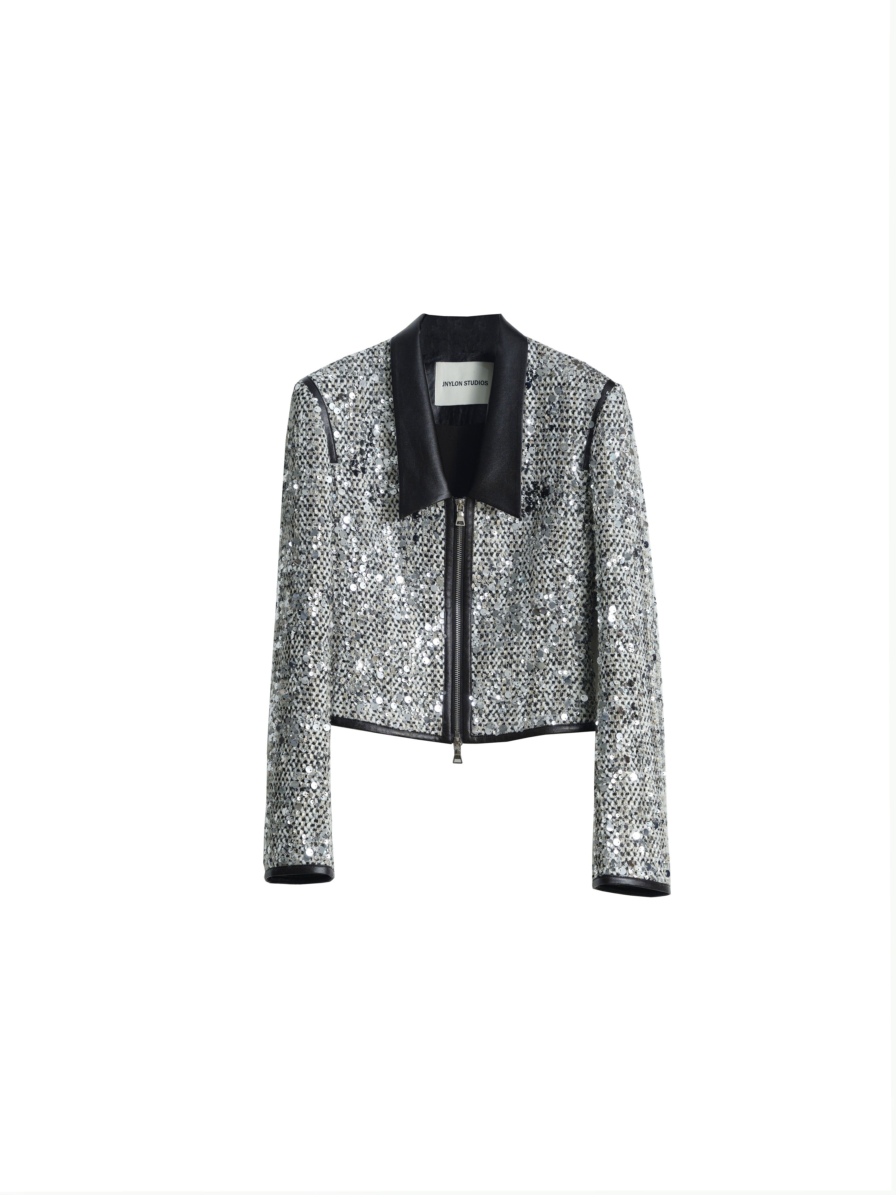 Veste courte à paillettes à collier bas