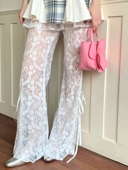 Lace Mesh Cut-out Flared Pants