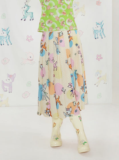 Deer Geometric Print Pleated Skirt