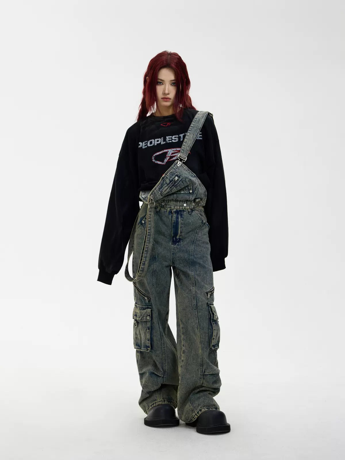 Detachable Distressed Washed Multi-pocket Salopette Pants