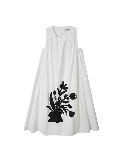 Silver Flower Pot Print Sleeveless A-line One-piece