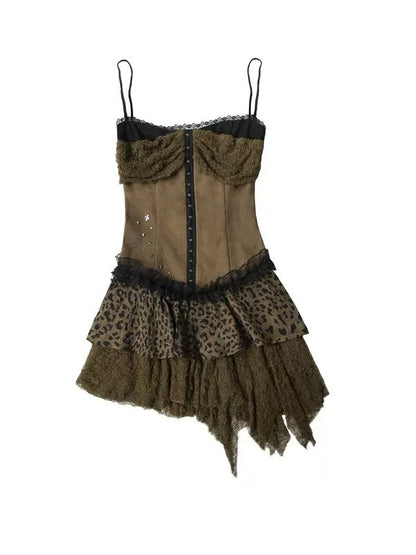 Splicing Lace Irregular Leopard Print Suspender Dress