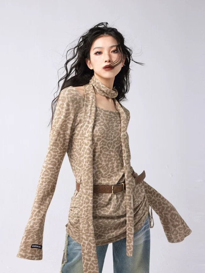 Leopardenmuster Schalstring loser Pullover